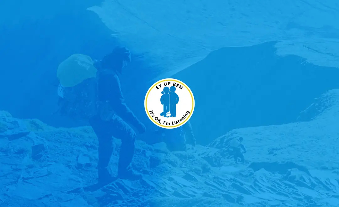 Ey Up Ben logo on a blue background, with a transparent overlay of people participating in a hike