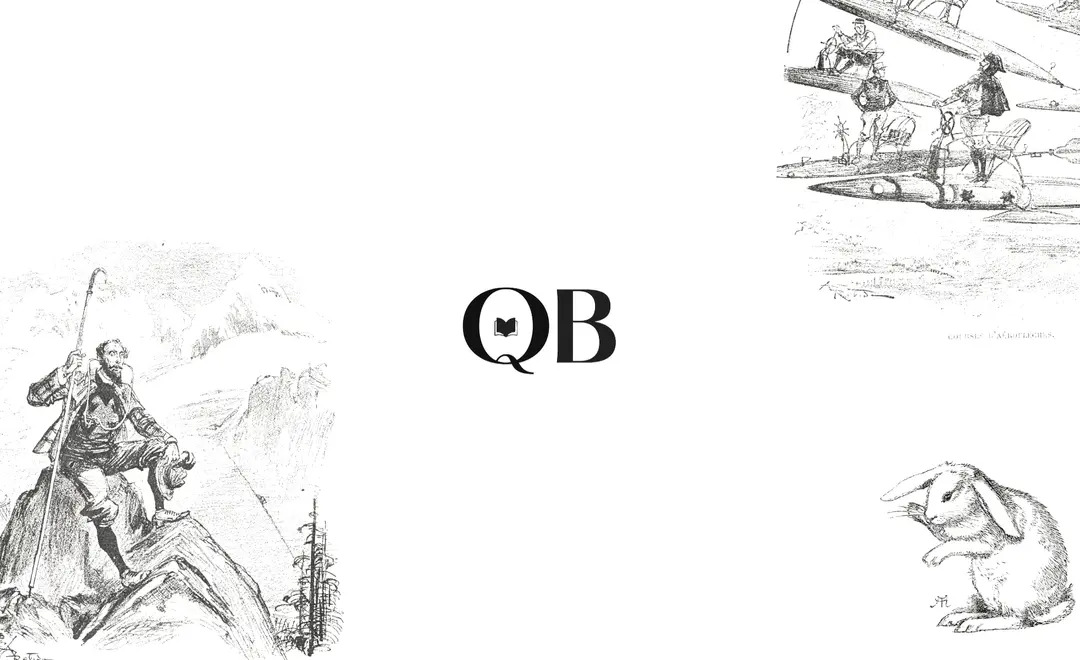 A serif logo for QualityBooks on a white background, with detailed drawings of a man, a rabbit and a plane in the background